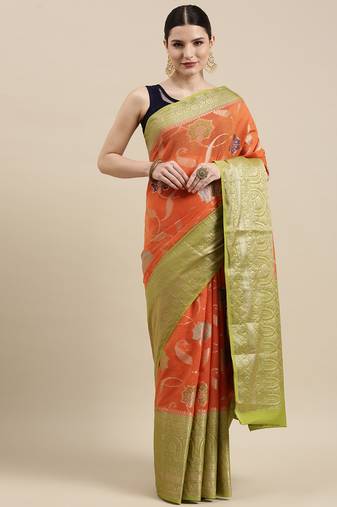 Orange woven pure cotton saree with blouse