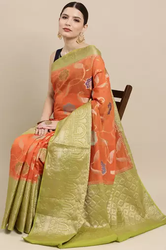 Orange woven pure cotton saree with blouse
