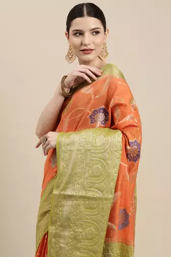 Orange woven pure cotton saree with blouse