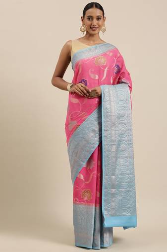 Pink woven pure cotton saree with blouse