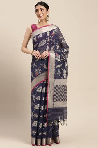 Blue woven pure cotton saree with blouse