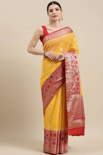Gold woven pure cotton saree with blouse