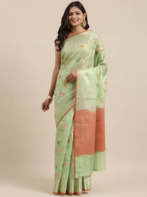 Green woven tissue saree with blouse 3