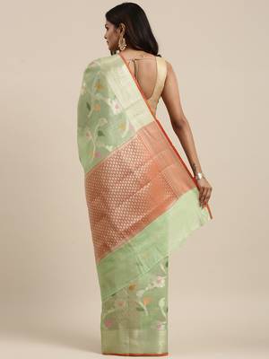 Green woven tissue saree with blouse 4