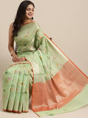 Green woven tissue saree with blouse 5