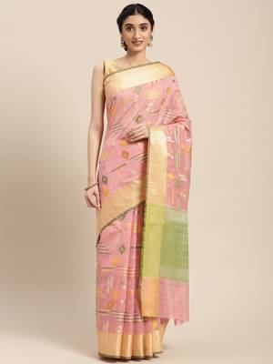 Pink woven tissue saree with blouse 2