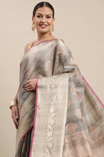 Grey woven pure cotton saree with blouse