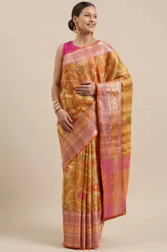 Brown woven tissue saree with blouse