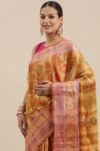 Brown woven tissue saree with blouse