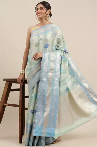 Turquoise woven tissue saree with blouse