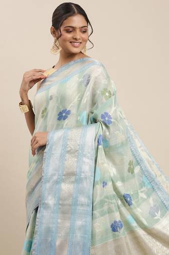 Turquoise woven tissue saree with blouse