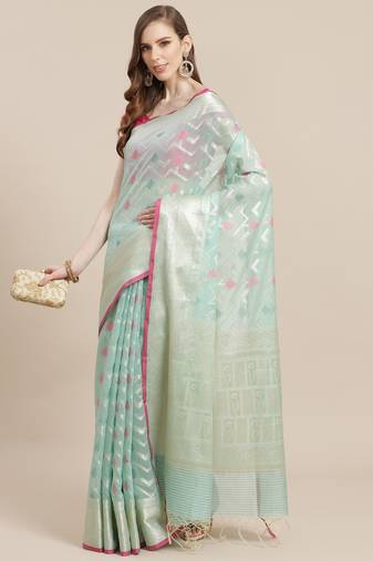 Green woven pure cotton saree with blouse
