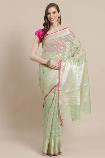 Green woven pure cotton saree with blouse