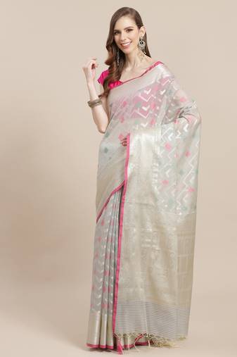 Grey woven pure cotton saree with blouse