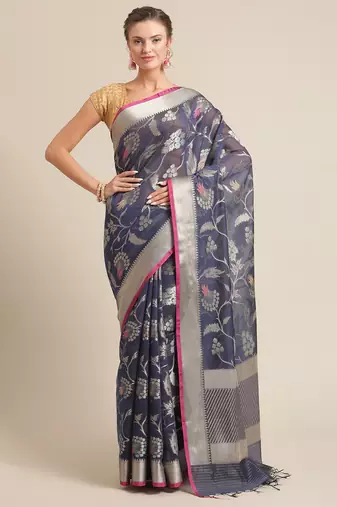 Navy blue woven pure cotton saree with blouse