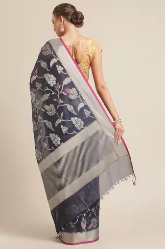 Navy blue woven pure cotton saree with blouse