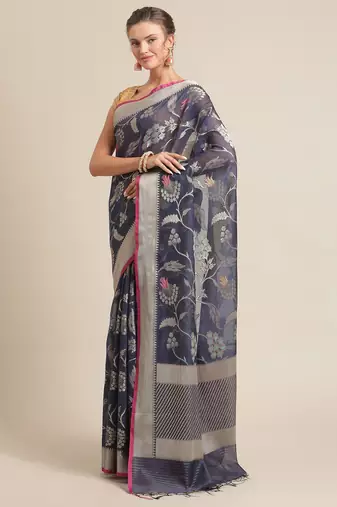 Navy blue woven pure cotton saree with blouse