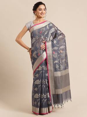 Grey woven pure cotton saree with blouse 1
