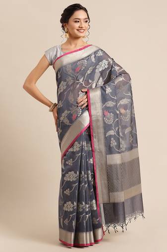 Grey woven pure cotton saree with blouse
