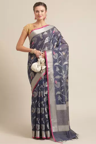 Navy blue woven pure cotton saree with blouse