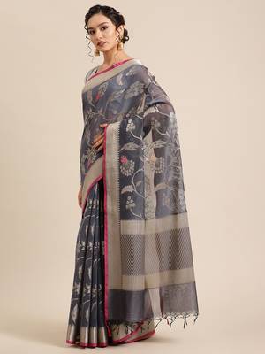 Grey woven pure cotton saree with blouse 3