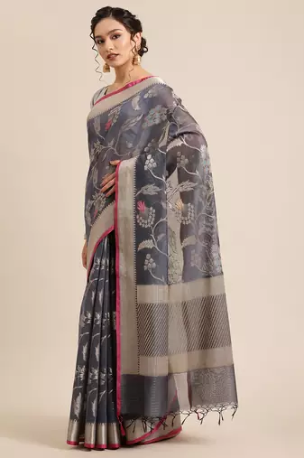 Grey woven pure cotton saree with blouse