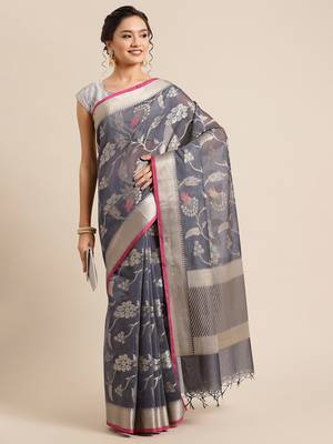 Grey woven pure cotton saree with blouse 4