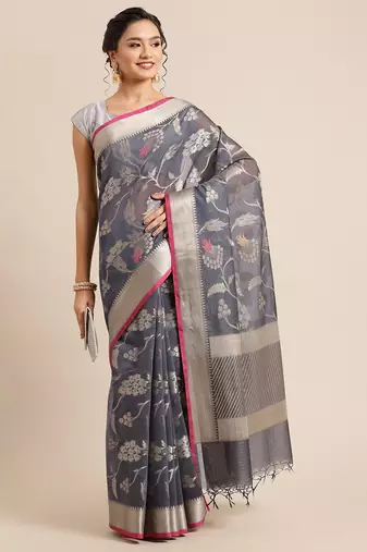 Grey woven pure cotton saree with blouse