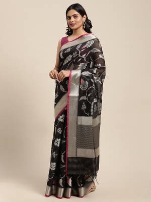 Black woven pure cotton saree with blouse 3