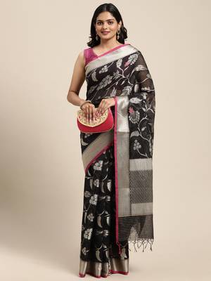 Black woven pure cotton saree with blouse 4