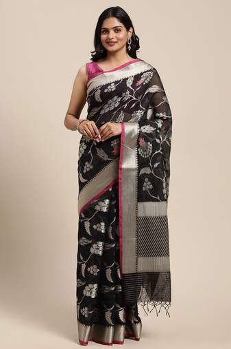 Black woven pure cotton saree with blouse