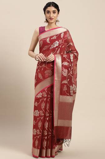 Maroon woven pure cotton saree with blouse
