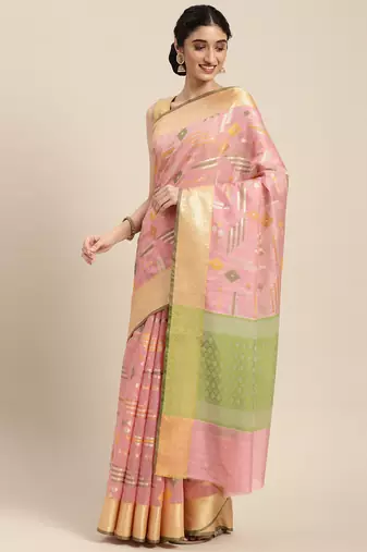 Pink woven tissue saree with blouse
