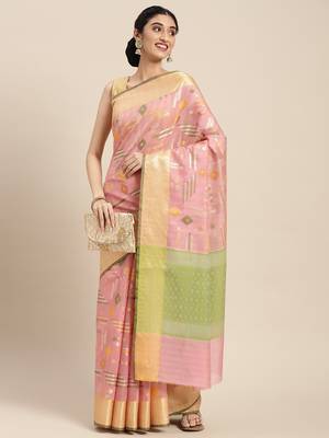 Pink woven tissue saree with blouse 4