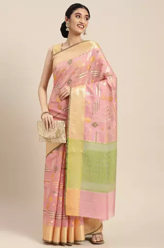 Pink woven tissue saree with blouse