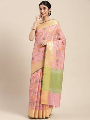 Pink woven tissue saree with blouse 1
