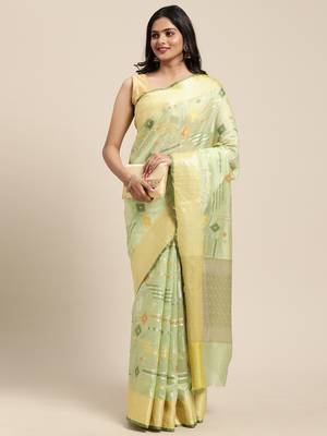 Green woven tissue saree with blouse 4