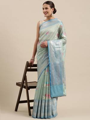 Green woven tissue saree with blouse 4