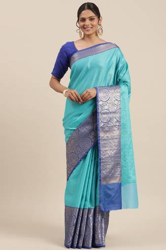 Turquoise woven tissue saree with blouse