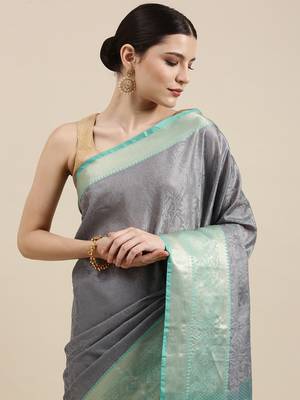Grey woven tissue saree with blouse 4
