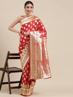 Red woven tissue saree with blouse 2