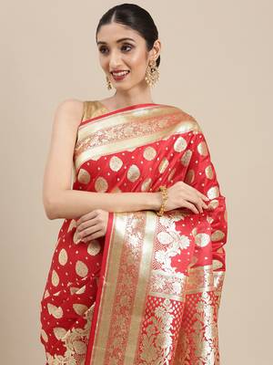 Red woven tissue saree with blouse 1