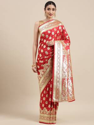 Red woven tissue saree with blouse 4