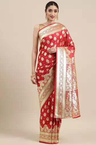 Red woven tissue saree with blouse