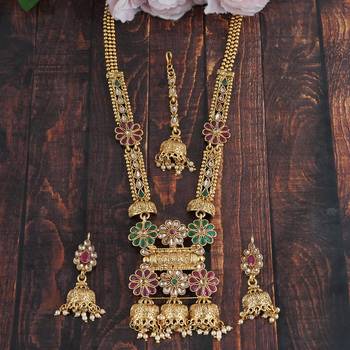 Mansiyaorange matte gold multi colour floral motif long rani haar with mangtikka set for women 1