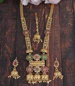 Mansiyaorange matte gold multi colour floral motif long rani haar with mangtikka set for women