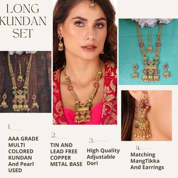 Mansiyaorange matte gold multi colour floral motif long rani haar with mangtikka set for women 2