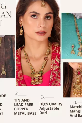 Mansiyaorange matte gold multi colour floral motif long rani haar with mangtikka set for women