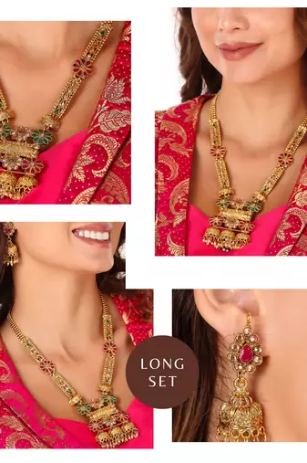 Mansiyaorange matte gold multi colour floral motif long rani haar with mangtikka set for women