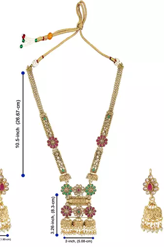 Mansiyaorange matte gold multi colour floral motif long rani haar with mangtikka set for women